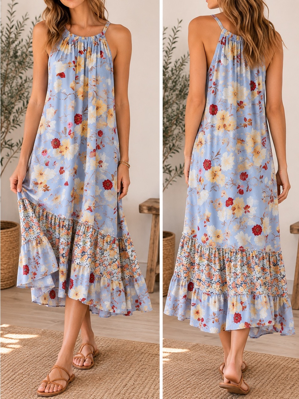 Gigio Blue Floral High Neck Halter Style Sleeveless Tiered Midi Dress Size Large